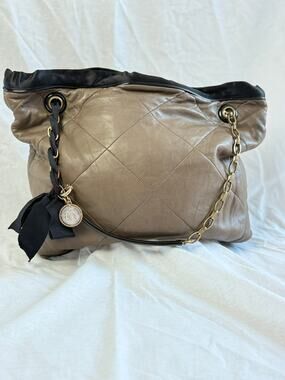 Lanvin Happy Quilted Lambskin Leather Tote Bag Taupe Gray Gold Chain Italy